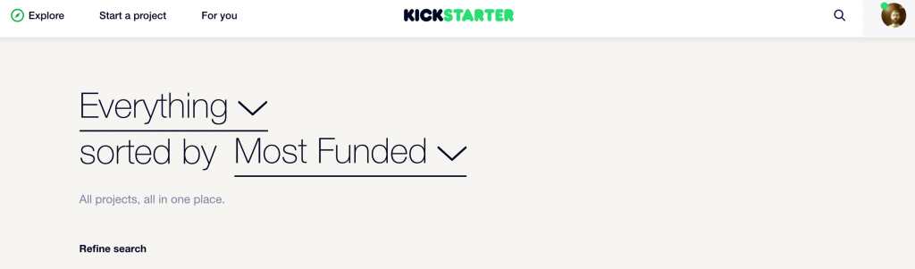 Kickstarter filtered by most funded